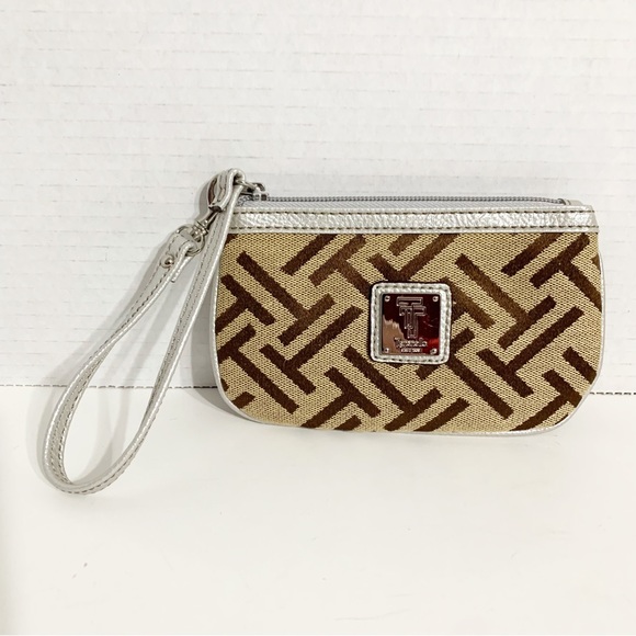 Tignanello Cotton Blend Faux Leather Trimmed Monogram Signature Lined Wristlet - Picture 1 of 10